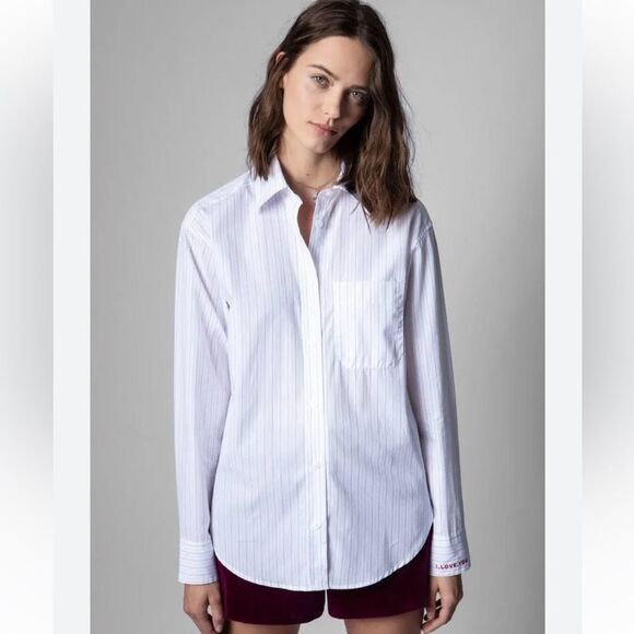 Zadig & Voltaire Tais Raye White Shirt with Blue and Pink Stripes I Love You S - Picture 1 of 14